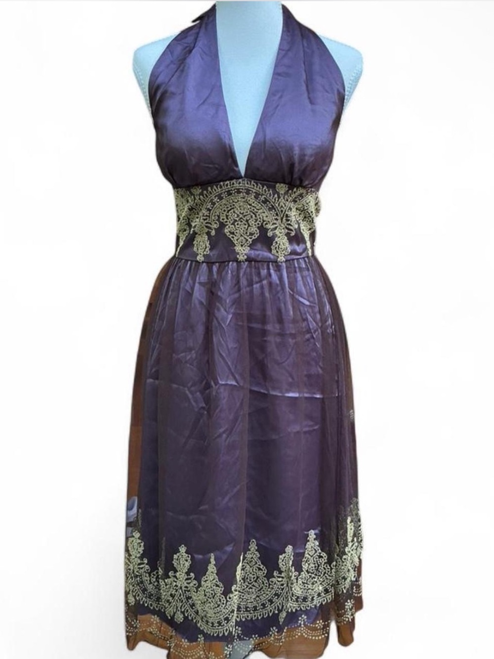 Adrianna Papell Purple Halter Dress with Gold Lace Trim